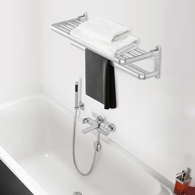 BOZWELL Bathroom Lavatory Towel Rack with Two Towel Bars,Brushed Satin Nickel 16-Inch Towel Shelf with Towel Bar,Towel Holder 1011-BSN-40 (Brushed Satin Nickel Finish)
