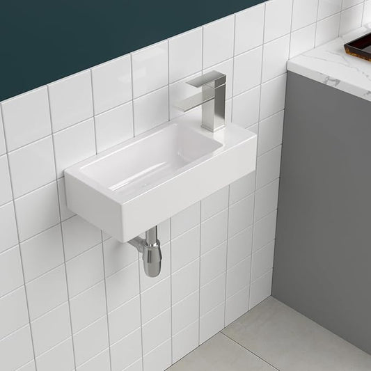 Sarlai Floating Vessel Sink Wall Mounted - 15"x7" Wall Mount Hang Small Bathroom Sinks Tiny Small Modern Rectangle Floating White Porcelain Ceramic Vanity Sink, Right Hand