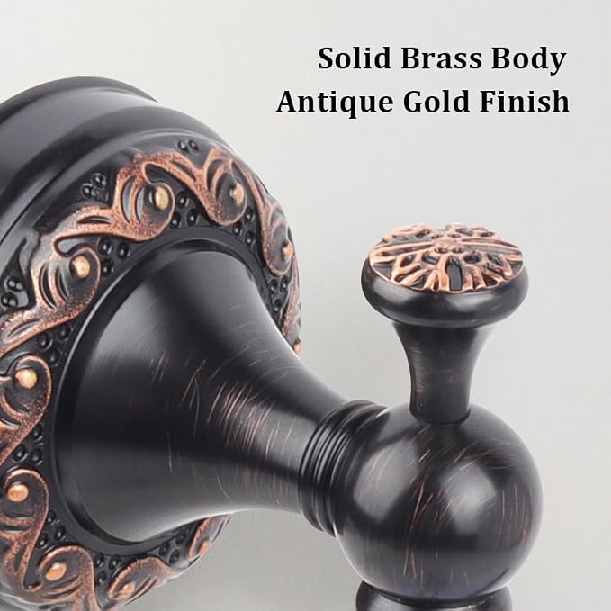 Black Antique Brass Towel Hook, Wall Mounted Bathroom Copper Double Hook for Clothing & Robe Hanger, Screws Install Shower Wall Hook