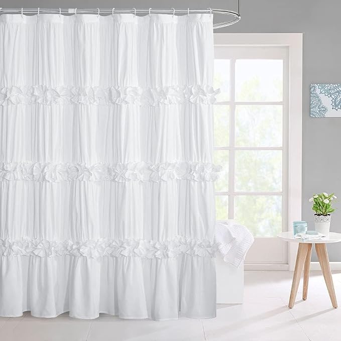 Homechoice Decor Victorian White Ruffle Shower Curtain 72" W x 96" H | Vintage Handcrafted Bow Tie Bath Curtain for Master Bathroom, Ruched Microfiber Bathroom Curtain with 12 Buttonholes (LQ-10)