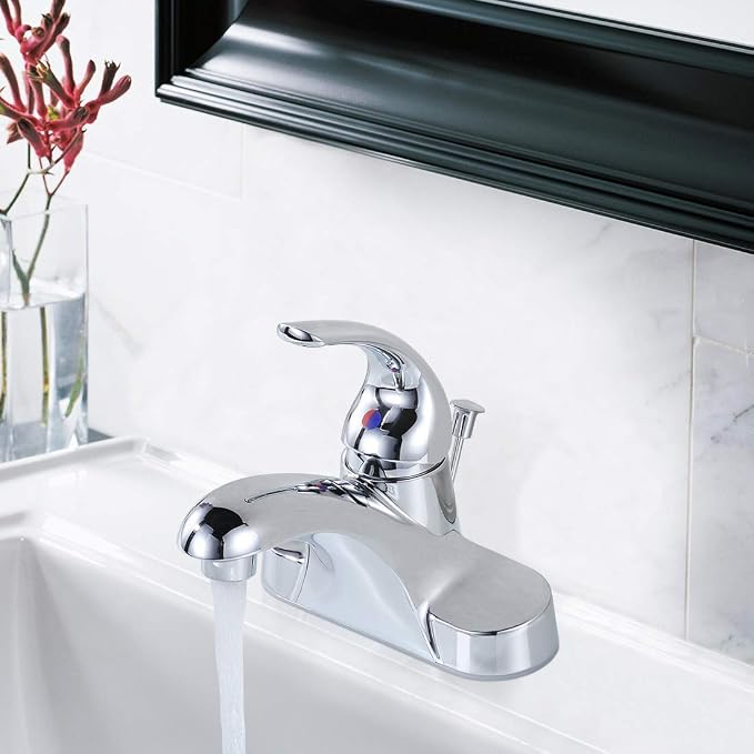 WOWOW Bathroom Faucet 1 Handle Low Arc Single Handle 4 inch Centerset Bathroom Sink Faucet with Lift Rod Drain Assembly Basin Mixer Tap Chrome Vanity Taps