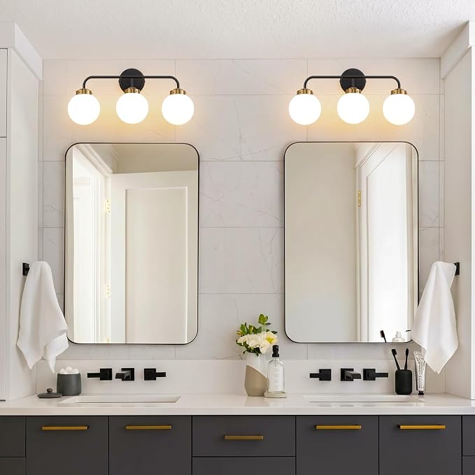 Modern Black and Gold Vanity Lights for Bathroom, Mid Century 3 Light Bathroom Vanity Light with Globe Milky White Glass Shade Over Mirror, Black and Gold Wall Sconce for Bathroom Hallway Living Room