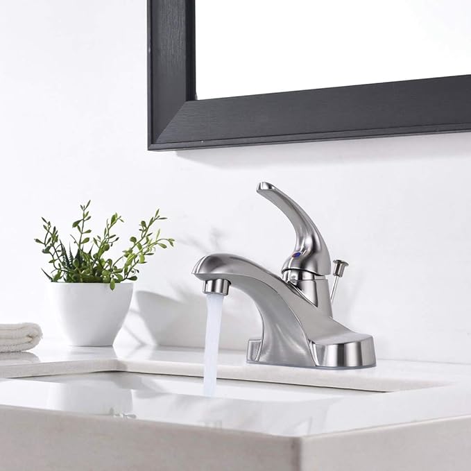 WOWOW Bathroom Faucet 1 Handle Low Arc Single Handle 4 inch Centerset Bathroom Sink Faucet with Pop Up Drain Assembly Basin Mixer Tap Brushed Nickel Vanity Faucets