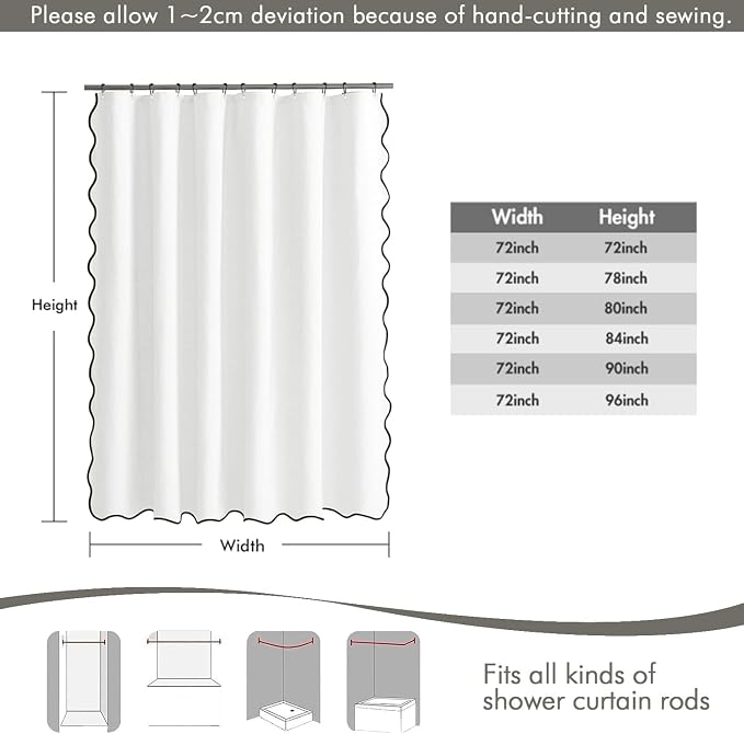 MIULEE White Scalloped Linen Shower Curtain 72x78 Inches | Linen Textured, Waterproof, Washable, 12 Metal Hooks, Heavy Duty Cloth, Black Border, Shower Curtain for Bathroom Bathtub
