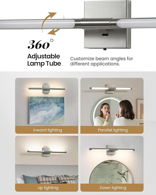 Brushed Nickel Vanity Light Fixtures for Bathroom Over Mirror 24 inch LED Bath Sconces IP44 5CCT Adjustable Morden Picture Lights for Paintings (Built-in Dimmer)