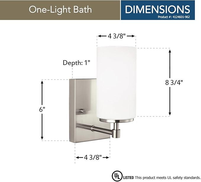 Generation Lighting 4124601-962 Alturas One Light Bath or Wall Sconce with Etched White Inside Glass Shade, Brushed Nickel Finish, 100 Total Watts, 8.75 Inch Height
