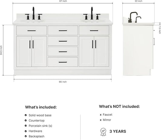 ARIEL Hepburn 66-inch Bathroom Vanity with Sink,Solid Wood, 1.5-inch Pure White Quartz Countertop & Backsplash, Double Oval Porcelain Sink, 4 Soft Closing Doors, 6 Dovetail Drawers, White