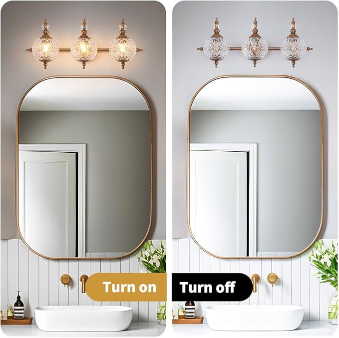 Brushed Gold Bathroom Vanity Light Fixture Vintage Style - 3 Light G9 Bulb Compatible, 23" Wide Bathroom Lighting Over Mirror with Hand-Etched Glass Shades, Easy Mount for Makeup Area