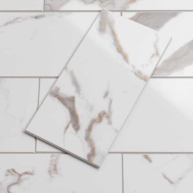 StyloVue 100 Pieces Peel and Stick Backsplash for Kitchen, 3" x 6" PVC Subway Tile 2026 Upgraded White Marble with Gold Accent Backsplash Stick on Tile Elevate Kitchen Fireplace RV