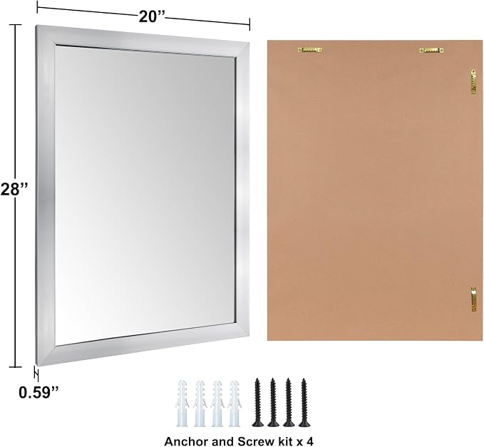 Bathroom Mirror for Over Sink 28x20 Inch Rectangular Wall Mirror, Nickel | Decorative Wall Mounted Mirror, Hangs Horizontally or Vertically for Vanity, Entryway, Restroom