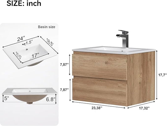 Floating Bathroom Vanity with Sink Wall Mounted Cabinet with 2 Drawers, Moisture-Resistant MDF,Large Storage for Small Space (24")