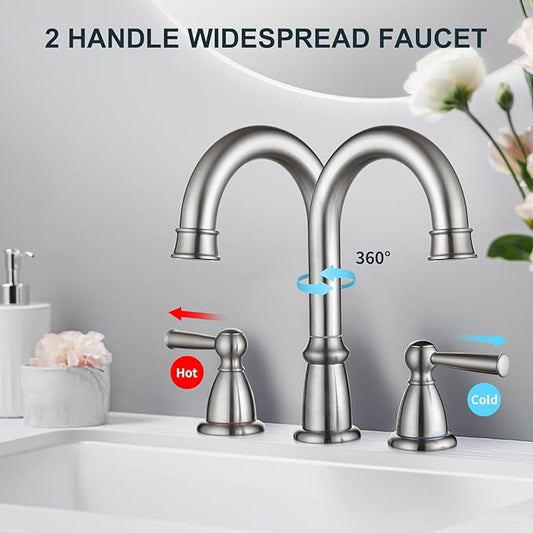 CREA Widespread Bathroom Faucet 3 Hole 8 inch Faucet Brushed Nickel with Pop Up Drain 2 Handle 4 inch Sink Faucets for Vanity Lavatory Basin Restroom Bath