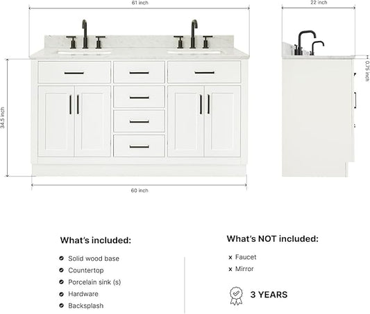 ARIEL Hepburn 60-inch Bathroom Vanity with Sink,Solid Wood, 0.75-inch Italian Carrara Marble Countertop, Double Rectangular Porcelain Sink, 4 Soft Closing Doors, 6 Dovetail Drawers, White