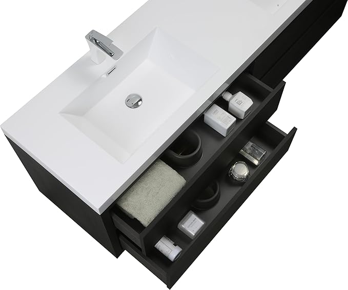 72" Wall-Mounted Bathroom Vanity with Sink | Waterproof Coating, 4 Drawers Floating Cabinet | Stone Resin Countertop & Soft Close Drawers | Modern Storage Solution,Espresso Wood