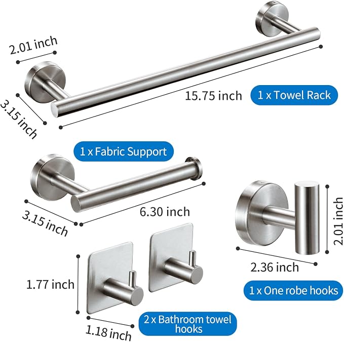 Brushed Bathroom Hardware Set, 5 Pieces Bathroom Accessories Set,Stainless Steel 16 Inch Bath Towel Bar Set Wall Mounted,Robe Towel Hooks, Toilet Paper Holder,Towel Racks for Bathroom SP-60008-2