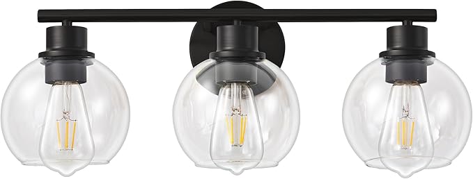 Bathroom Light Fixtures Over Mirror 3-Lights Bathroom Vanity Light with Clear Globe Glass Shade 22 inch Modern Black Vanity Lights Wall Sconce Lighting for Bath