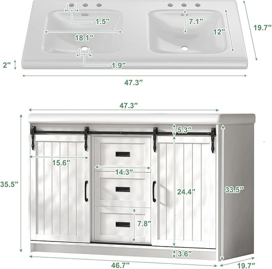 Bathroom Vanity with Double Sinks, 48" Standing Double Vanity with Drawers & Metal Handles, 2 Sink Bathroom Vanity with 4 Shelves, White