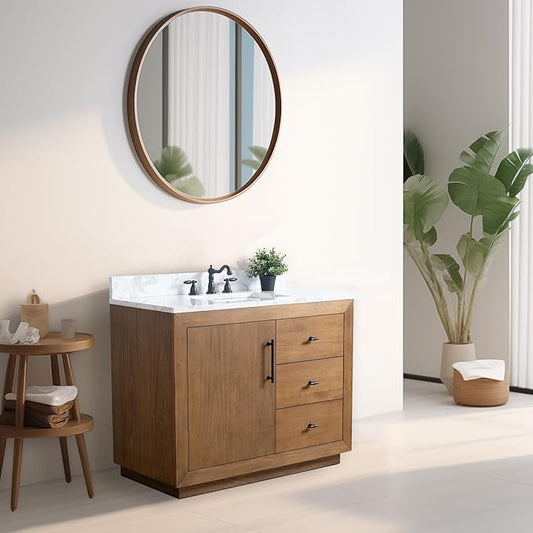 Vanity Art 42" Bathroom Vanity with Sink,Solid Poplar Wood, Vanity Cabinet with Doors and Shelf, Modern Wood Bathroom Vanity with White Marble Top, 2 Right Functioning Shaker Drawer, VA70-42-T-E