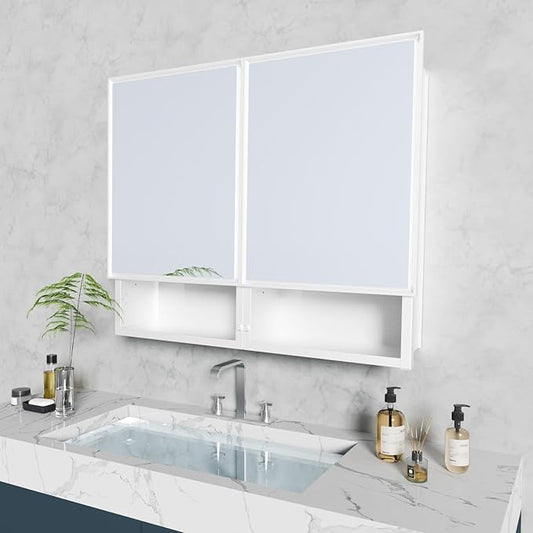 32 x 26 Inches Bathroom Medicine Cabinet with Mirror, Double Door Wall Mounted Mirror Cabinet, Surface or Recessed Mount White Bathroom Storage Cabinet