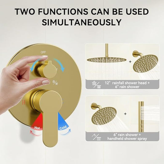 Shower Systems Shower Faucet Sets STARBATH 3 Way 12+6" Round Dual Rainfall Shower Head with Handheld Spray Combo, Ceiling Mounted Rain Shower Valve with 5 Diverter and Trim Kit Complete, Brushed Gold