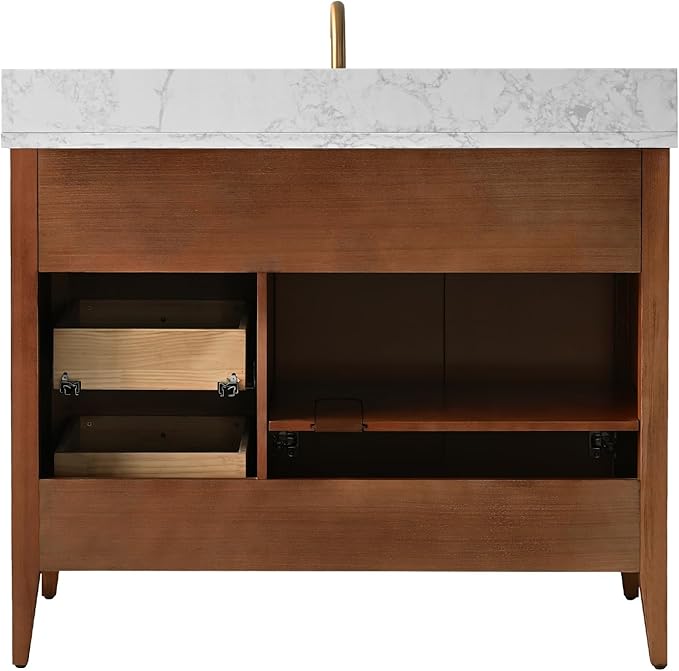 Vanity Art 42 inch Bathroom Vanity with Single Sink & Ceramic Top, Vanity Cabinet with Soft-Closing Door, Solid Wood Frame, Linear Pattern, Walnut, Golden Brushed Handware VA9142-Walnut-GB
