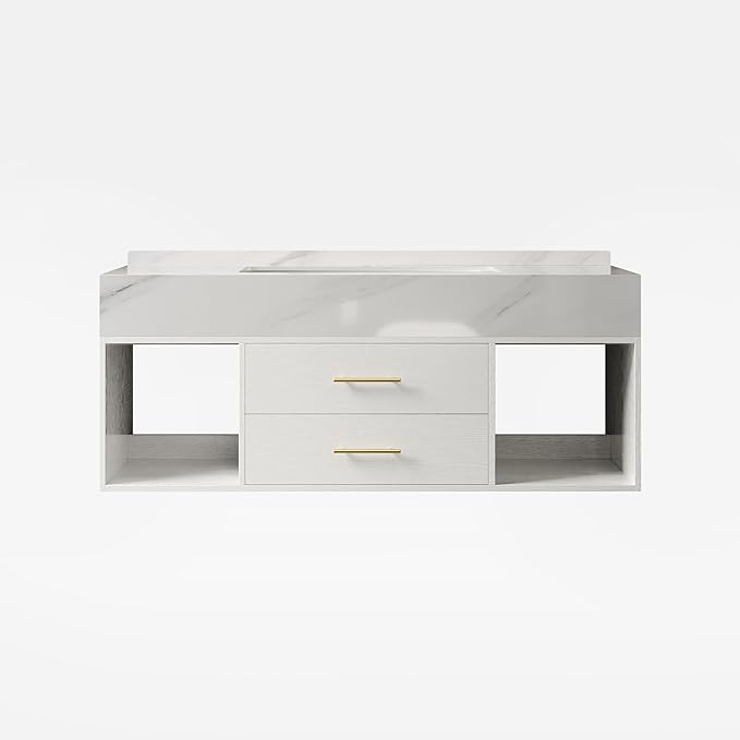 homary 35.4" Floating Bathroom Vanity with Sink, Modern Wall-Mounted Vanity Bathroom Cabinet with Sintered Stone Countertop, Undermount Sink & White, 2 Open Storage Shelves