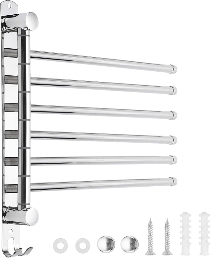 6-Arm Swivel Towel Bar, 180°Rotating Towel Rack Wall Mounted, 304 Stainless Steel Rustproof Heavy Duty Towel Holder for Bathroom Kitchen Laundry Room, Space Saving, Brushed Nickel Finish