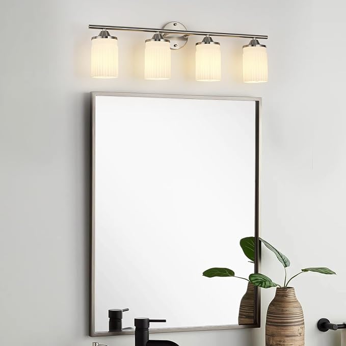 Jonsi Nickel Bathroom Light Fixtures 4-Light Vanity Lights Modern Wall Sconce with Milk White Shade Brushed Nickel Bathroom Light Fixture Over Mirror for Bedroom Hallway Kitchen