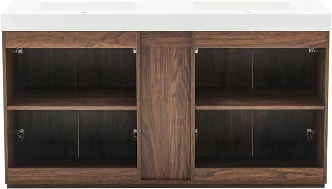 60" Bathroom Vanity with Double Sink, Freestanding Double Sink Bathroom Vanity with White Engineered Stone Top, Open Storage Cabinet & Adjustable Shelf, 4 Soft-Closing Doors, Walnut