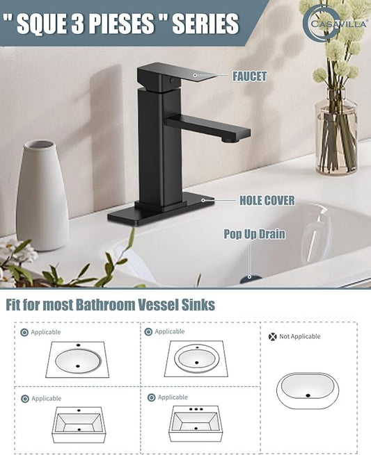 Bathroom Faucet Set with Pop Up Drain, Single Handle Black Bathroom Sink Faucet with Deck Plate, Farmhouse RV Vanity Faucets for Sink (1 Hole or 3 Holes)