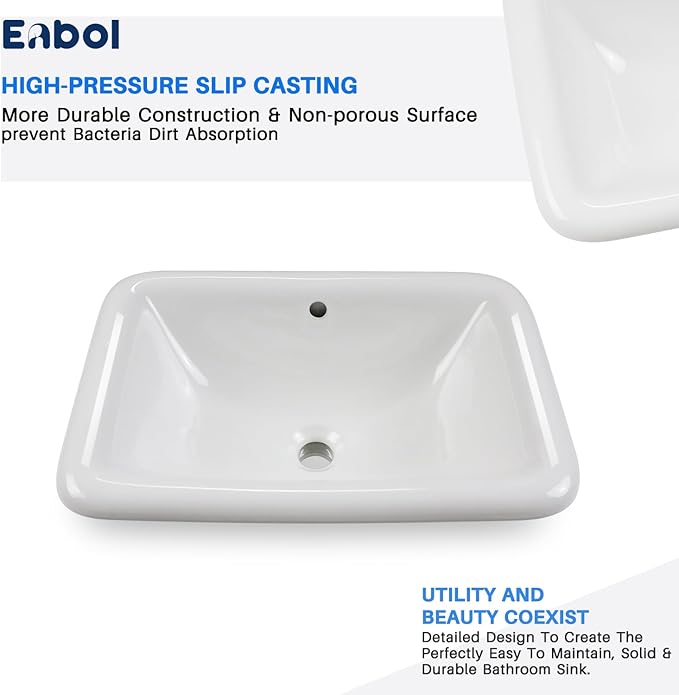 Enbol 22" x 15" Drop in Bathroom Sink White Rectangle Ceramic Sink Semi Recessed Vessel Sink Bathroom with Overflow O2215