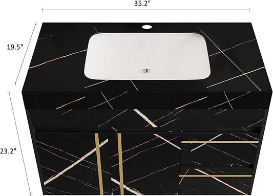 36 inch Modern Floating Bathroom Vanity with Ceramic Sink, Wall Mounted Bathroom Cabinet with Faux Marble Countertop, Soft Closing Doors & 2 Storage Drawers for Small Space, Black