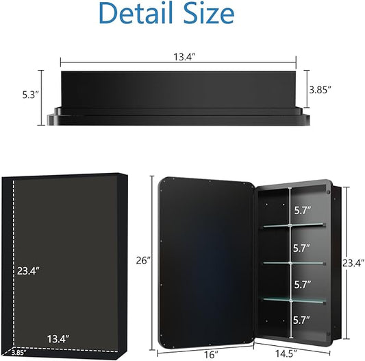 16x26 Inch Bathroom Medicine Cabinet with Mirror, Recessed or Surface Wall-Mounted, Black Mirror Cabinets with 3 Removable Shelves, for Bedroom Kitchen Laundry Room