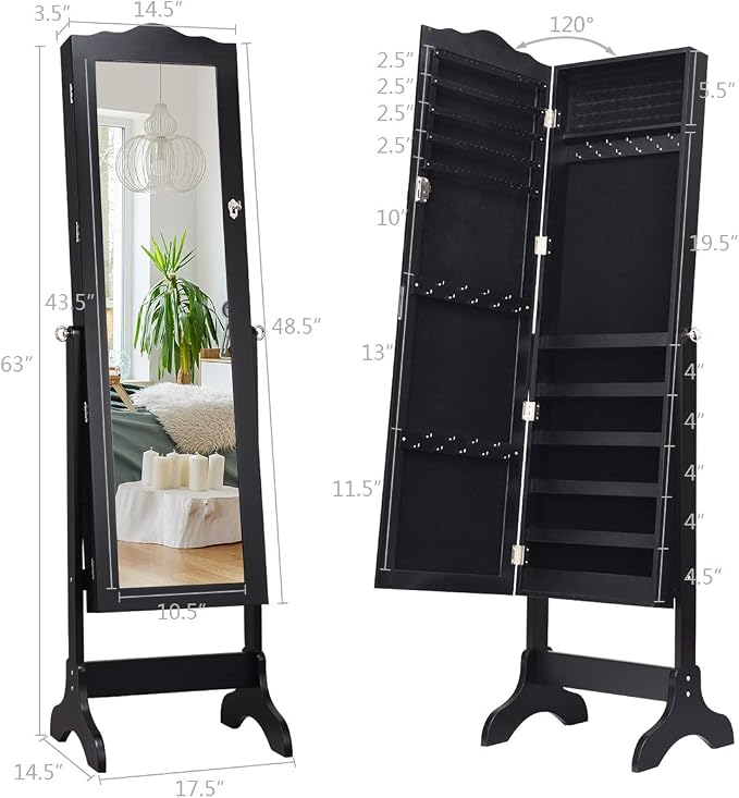 Giantex Jewelry Cabinet Armoire Lockable with Mirror, Standing Full Length Mirror with Jewelry Cabinet, 3 Adjustable Angles, Jewelry Organizer Storage Box Birthday Christmas Gifts (Black)