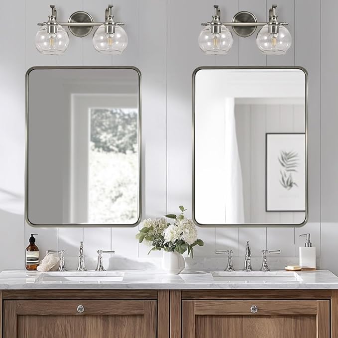 Brushed Nickel Bathroom Light Fixture, 2 Light Bathroom Vanity Light, Farmhouse Silver Wall Sconce, Anti-Rust Wall Lamp with Sturdy Metal Lamp Body for Bedroom, Living Room, Restroom