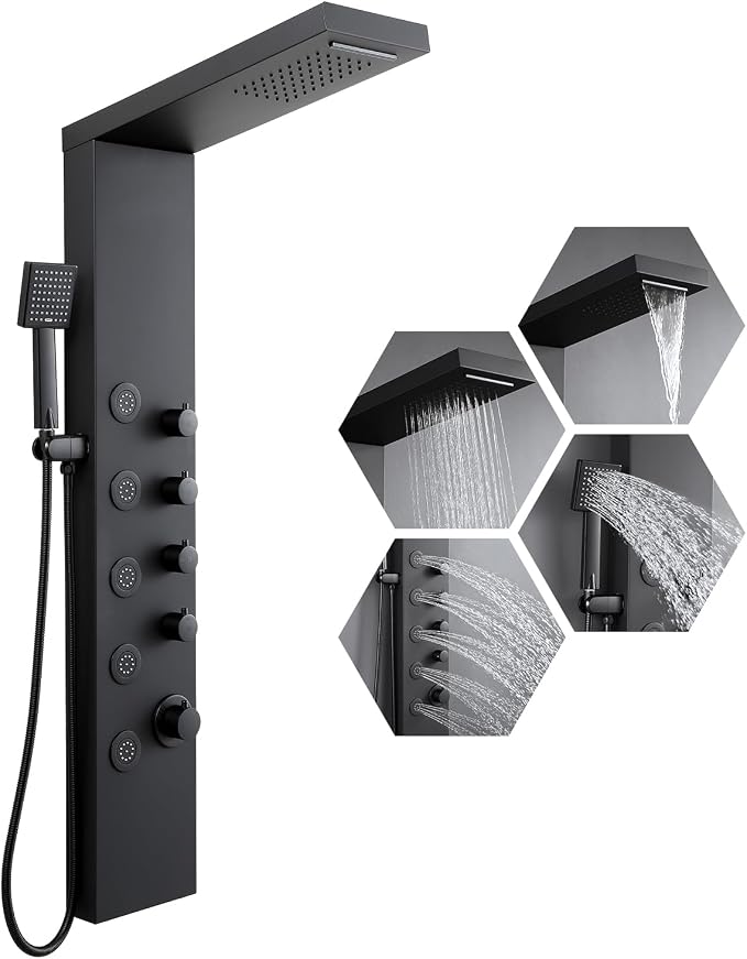 ROVATE 4-in-1 Rainfall Waterfall Shower Panel Tower System, Matte Black | Shower Column with Body Massage Jets and Handheld, Stainless Steel High Pressure, Use Multiple Functions Simultaneously
