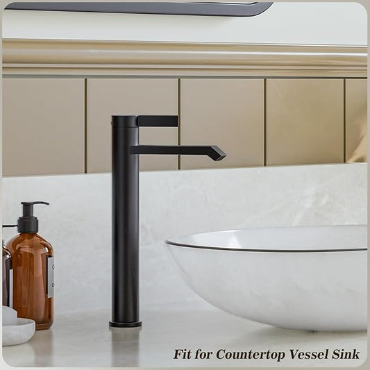 Phiestina Single Hole Matte Black Tall Bathroom Vessel Sink Faucet,Single Handle Waterfall Above Counter Sink Sink Faucet with Metal Pop Up Drain Without Overflow and Water Supply Line,FH04-MB-V