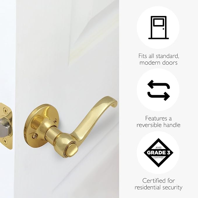 Design House Scroll Privacy Door Lever for Bedroom & Bathroom Doors, Polished Brass Interior Door Handle, Reversible Traditional Lever, Push Button Lock, Fits Standard Residential Doors, 783043 | Surface, Traditional, Brass, Hardware, 783043