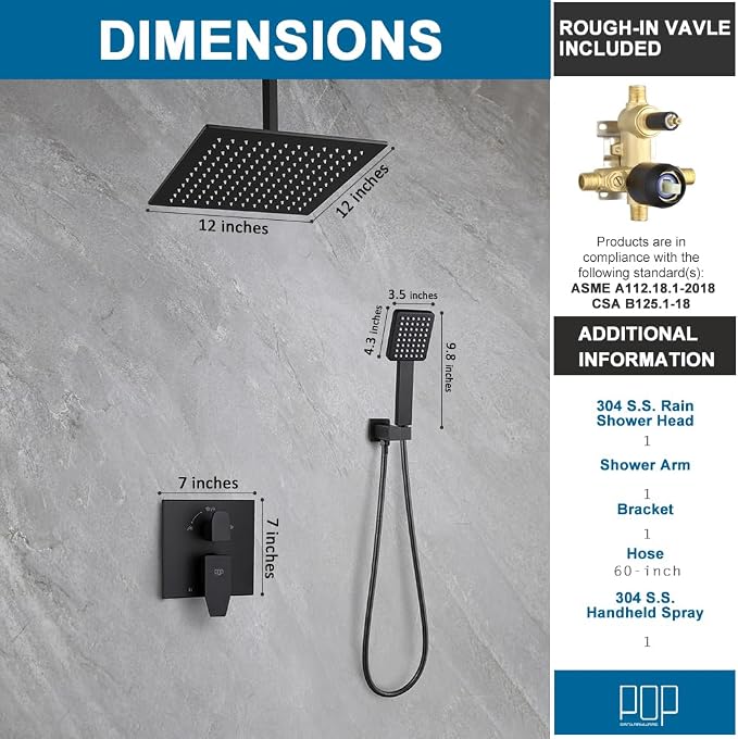 12 Inch Ceiling Mount Shower Faucet Set Matte Black Ceiling Rainfall Shower Head and Handle Set Bathroom Rain Shower System Include Shower Valve and Trim Kit