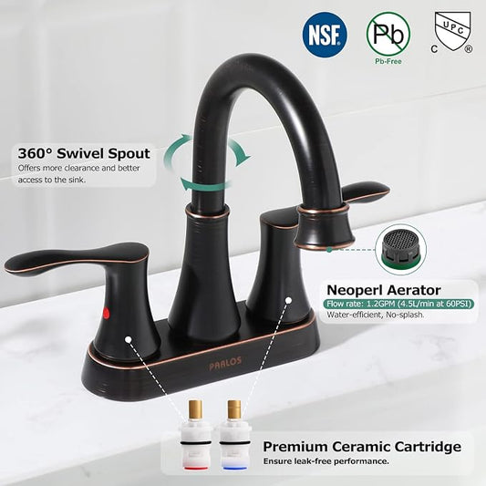 Oil Rubbed Bronze Bathroom Sink Faucet 4 Inch Centerset for Vanity | Swivel Spout, 2 Handle Lead-Free Deck Mount Bathroom Faucet with Pop Up Drain Supply Lines, for 2 or 3 Hole Lavatory Sink