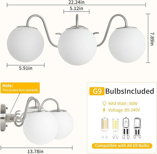 3 Lights Vintage Bathroom Vanity Light Fixtures Over Mirror, Brushed Nickel Vanity Lights For Bathroom With Milk White Glass Globe Shade, Wall Lights For Bedroom, Hallway, Dressing Table(G9 Incl.)