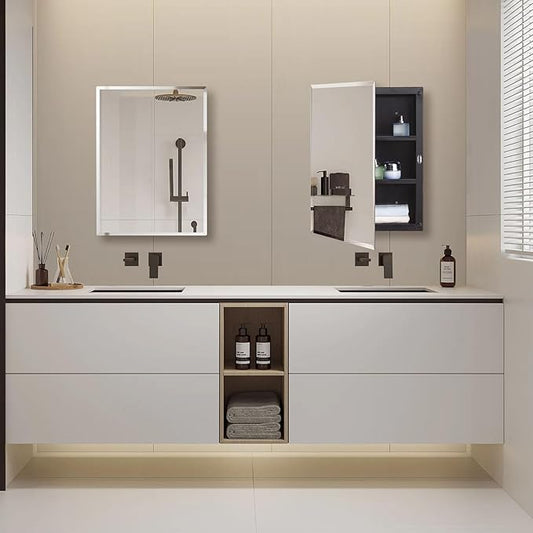 DYLLOR Black Plastic Medicine Mirror Cabinet for Bathroom with 16 x 26 inch Beveled Edge Mirror, Recessed and Surface Mount