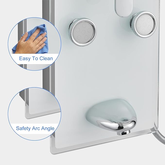 POPFLY Tempered Glass Shower Panel Tower System, 9" Adjustable Shower Arm Height, 304 Stainless Steel White Shower Panels Tower with 6 Massage Jet and Tub Spout