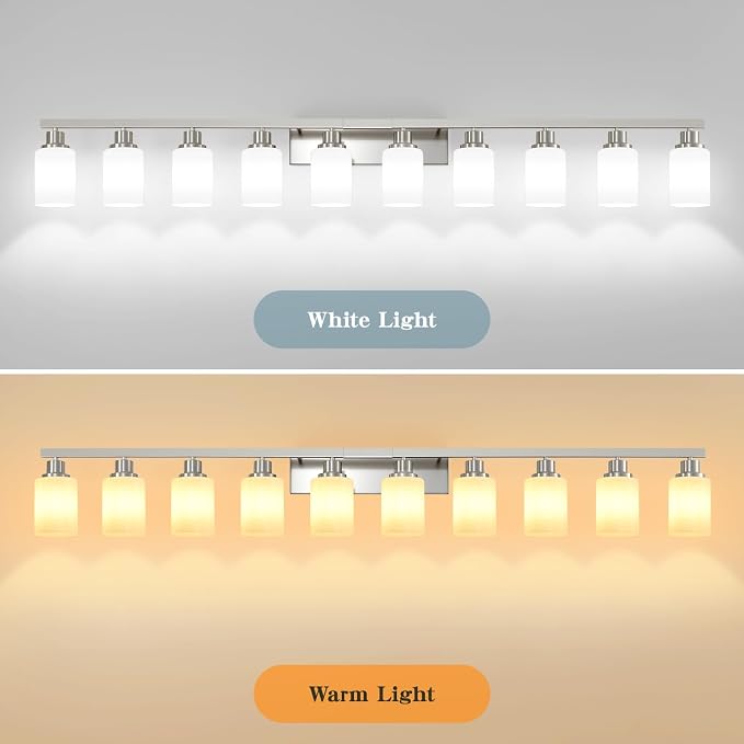 10-Light Bathroom Vanity Light Brushed Nickel,64.5in Vanity Lights with White Frosted Glass,Modern Bathroom Wall Lights Fixtures Over Mirror,Wall Sconces Lighting for Bedroom Living Room,E26
