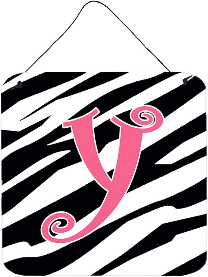 Caroline's Treasures CJ1037-YDS66 Letter Y Initial Zebra Stripe and Pink Wall or Door Hanging Prints Aluminum Metal Sign Kitchen Wall Bar Bathroom Plaque Home Decor, 6x6, Multicolor