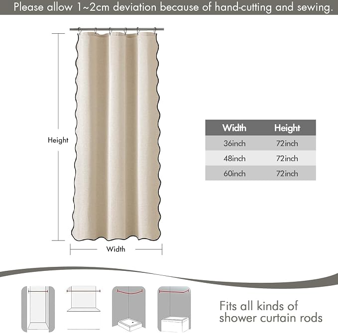 MIULEE Cream Beige Small Stall Scalloped Linen Shower Curtain 36x72 Inches | Linen Textured, Waterproof, Washable, 6 Metal Hooks, Narrow Heavy Duty Cloth, Black Border, Shower Curtain for Bathroom Hotel
