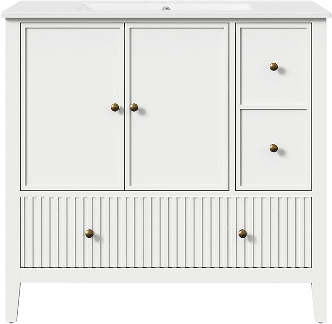 RoyalCraft 36'' Bathroom Vanity with Ceramic Sink Combo Set, Modern Wood Bathroom Cabinet with Soft Closing Doors and Fluted Drawers, Free Standing Storage Cabinet, White