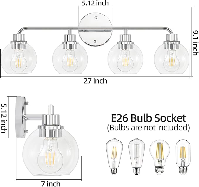 Bathroom Light Fixtures Chrome Vanity Light 27 Inch Silver 4 Light | Modern Wall Sconces Lighting Bathroom Lights with Globe Glass Shades Bath Wall Lights for Mirror Kitchen Living Room Hallway