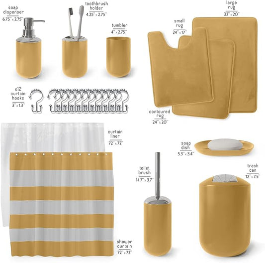 Clara Clark Bathroom Set – Bathroom Sets with Shower Curtain and Rugs, Soft Bathroom Rugs Non Slip, 23PC Gold Bathroom Accessories Set Complete with Bath Rugs, Shower Curtain Set with Liner and Hooks