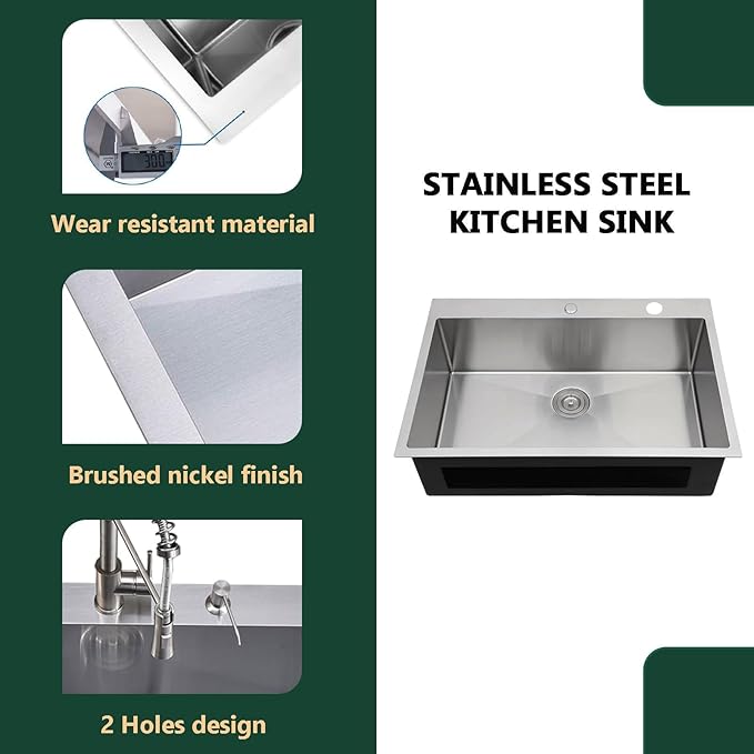 Comllen 33 x 22 inch Drop in Kitchen Sink, 33 inch Topmount Stainless Steel Sink, 18 Gauge T304 Single Bowl Kitchen With Strainer